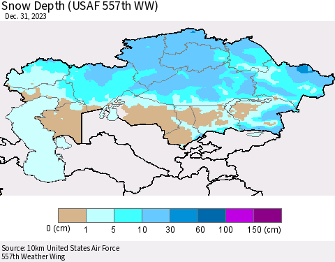 Kazakhstan Snow Depth (USAF 557th WW) Thematic Map For 12/25/2023 - 12/31/2023