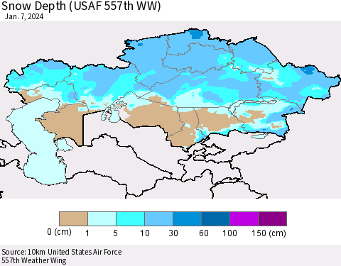 Kazakhstan Snow Depth (USAF 557th WW) Thematic Map For 1/1/2024 - 1/7/2024