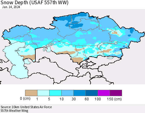 Kazakhstan Snow Depth (USAF 557th WW) Thematic Map For 1/8/2024 - 1/14/2024