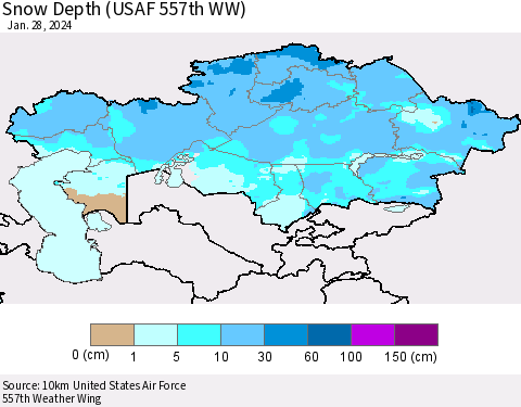 Kazakhstan Snow Depth (USAF 557th WW) Thematic Map For 1/22/2024 - 1/28/2024