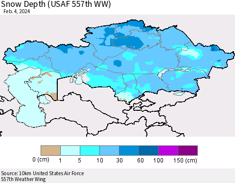 Kazakhstan Snow Depth (USAF 557th WW) Thematic Map For 1/29/2024 - 2/4/2024