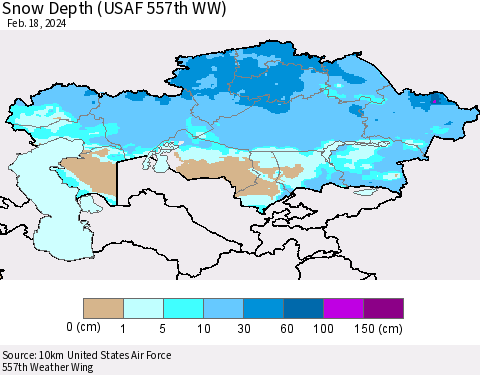 Kazakhstan Snow Depth (USAF 557th WW) Thematic Map For 2/12/2024 - 2/18/2024