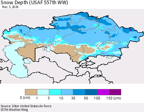 Kazakhstan Snow Depth (USAF 557th WW) Thematic Map For 2/26/2024 - 3/3/2024