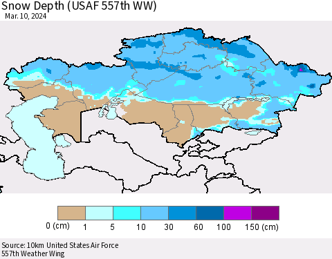 Kazakhstan Snow Depth (USAF 557th WW) Thematic Map For 3/4/2024 - 3/10/2024