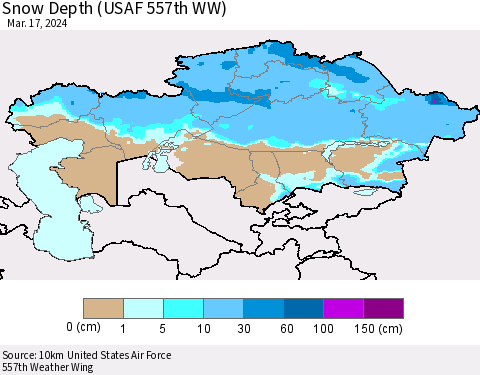 Kazakhstan Snow Depth (USAF 557th WW) Thematic Map For 3/11/2024 - 3/17/2024