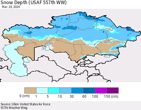 Kazakhstan Snow Depth (USAF 557th WW) Thematic Map For 3/18/2024 - 3/24/2024