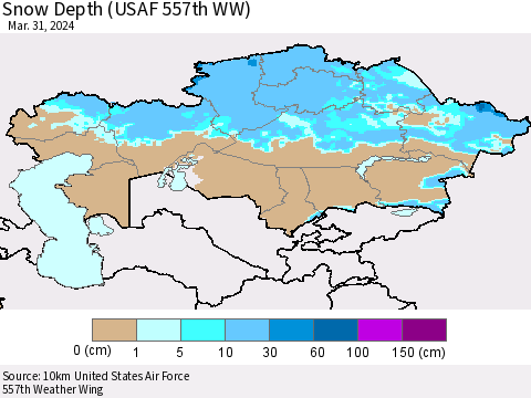Kazakhstan Snow Depth (USAF 557th WW) Thematic Map For 3/25/2024 - 3/31/2024