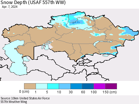 Kazakhstan Snow Depth (USAF 557th WW) Thematic Map For 4/1/2024 - 4/7/2024