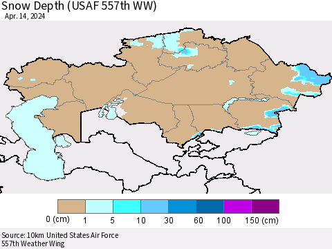 Kazakhstan Snow Depth (USAF 557th WW) Thematic Map For 4/8/2024 - 4/14/2024
