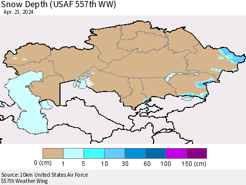 Kazakhstan Snow Depth (USAF 557th WW) Thematic Map For 4/15/2024 - 4/21/2024