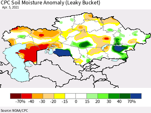 Kazakhstan CPC Soil Moisture Anomaly (Leaky Bucket) Thematic Map For 4/1/2021 - 4/5/2021