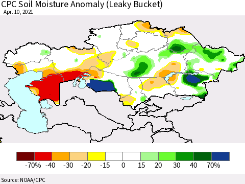 Kazakhstan CPC Soil Moisture Anomaly (Leaky Bucket) Thematic Map For 4/6/2021 - 4/10/2021