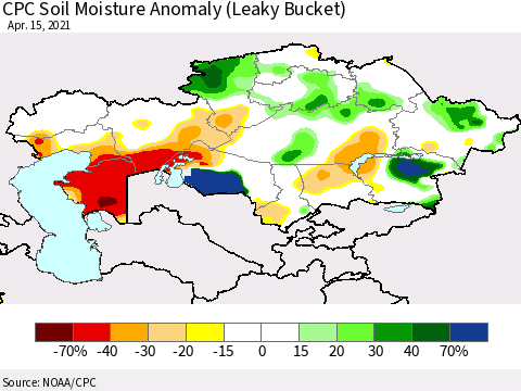 Kazakhstan CPC Soil Moisture Anomaly (Leaky Bucket) Thematic Map For 4/11/2021 - 4/15/2021