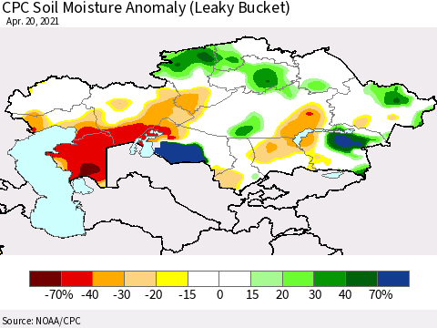 Kazakhstan CPC Soil Moisture Anomaly (Leaky Bucket) Thematic Map For 4/16/2021 - 4/20/2021
