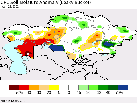 Kazakhstan CPC Soil Moisture Anomaly (Leaky Bucket) Thematic Map For 4/21/2021 - 4/25/2021