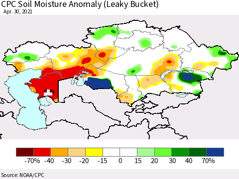 Kazakhstan CPC Soil Moisture Anomaly (Leaky Bucket) Thematic Map For 4/26/2021 - 4/30/2021