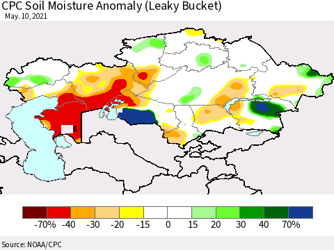 Kazakhstan CPC Soil Moisture Anomaly (Leaky Bucket) Thematic Map For 5/6/2021 - 5/10/2021