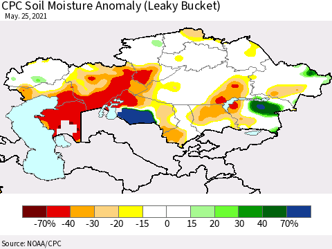 Kazakhstan CPC Soil Moisture Anomaly (Leaky Bucket) Thematic Map For 5/21/2021 - 5/25/2021