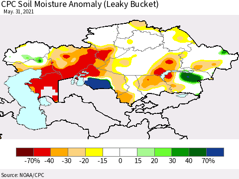 Kazakhstan CPC Soil Moisture Anomaly (Leaky Bucket) Thematic Map For 5/26/2021 - 5/31/2021