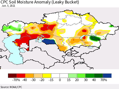 Kazakhstan CPC Soil Moisture Anomaly (Leaky Bucket) Thematic Map For 6/1/2021 - 6/5/2021