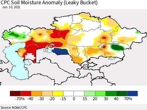 Kazakhstan CPC Soil Moisture Anomaly (Leaky Bucket) Thematic Map For 6/6/2021 - 6/10/2021