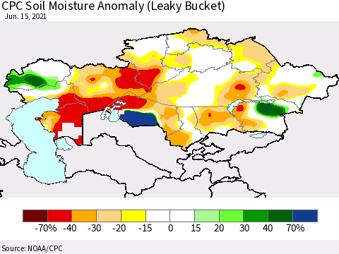 Kazakhstan CPC Soil Moisture Anomaly (Leaky Bucket) Thematic Map For 6/11/2021 - 6/15/2021