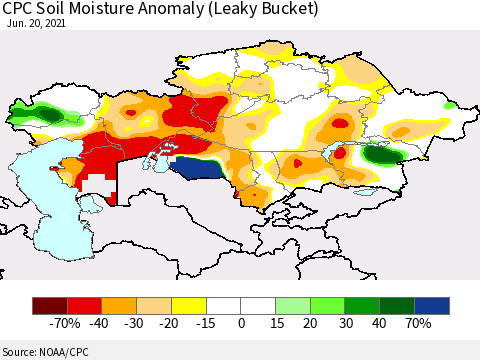 Kazakhstan CPC Soil Moisture Anomaly (Leaky Bucket) Thematic Map For 6/16/2021 - 6/20/2021