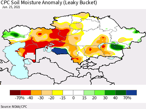 Kazakhstan CPC Soil Moisture Anomaly (Leaky Bucket) Thematic Map For 6/21/2021 - 6/25/2021