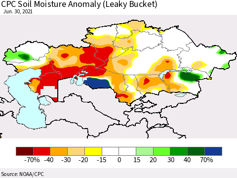 Kazakhstan CPC Soil Moisture Anomaly (Leaky Bucket) Thematic Map For 6/26/2021 - 6/30/2021