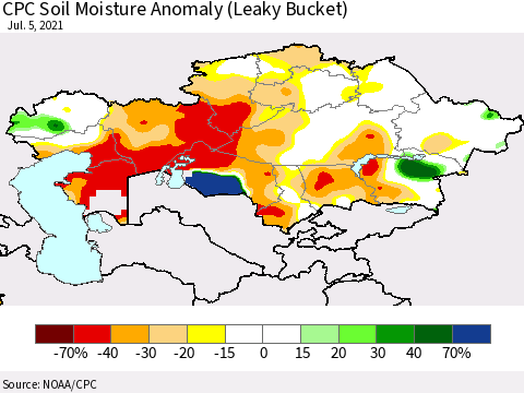 Kazakhstan CPC Soil Moisture Anomaly (Leaky Bucket) Thematic Map For 7/1/2021 - 7/5/2021