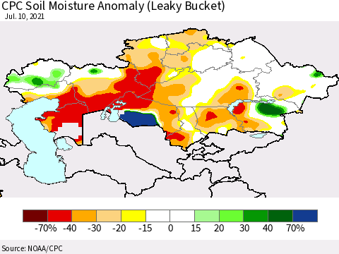 Kazakhstan CPC Soil Moisture Anomaly (Leaky Bucket) Thematic Map For 7/6/2021 - 7/10/2021