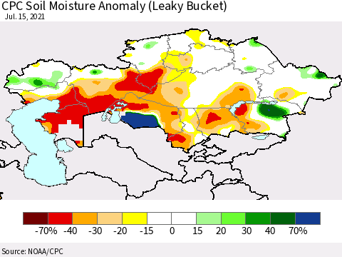 Kazakhstan CPC Soil Moisture Anomaly (Leaky Bucket) Thematic Map For 7/11/2021 - 7/15/2021