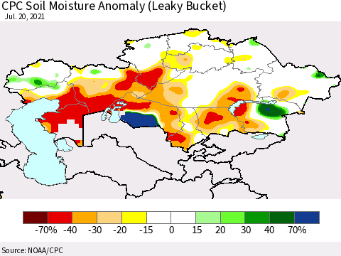 Kazakhstan CPC Soil Moisture Anomaly (Leaky Bucket) Thematic Map For 7/16/2021 - 7/20/2021