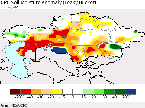 Kazakhstan CPC Soil Moisture Anomaly (Leaky Bucket) Thematic Map For 7/21/2021 - 7/25/2021