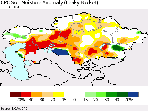Kazakhstan CPC Soil Moisture Anomaly (Leaky Bucket) Thematic Map For 7/26/2021 - 7/31/2021