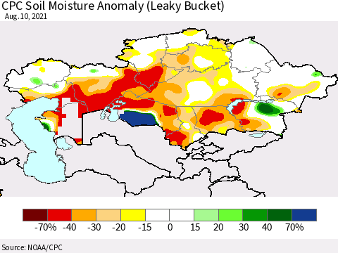 Kazakhstan CPC Soil Moisture Anomaly (Leaky Bucket) Thematic Map For 8/6/2021 - 8/10/2021