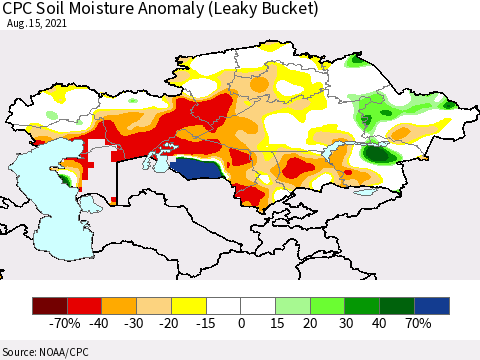 Kazakhstan CPC Soil Moisture Anomaly (Leaky Bucket) Thematic Map For 8/11/2021 - 8/15/2021