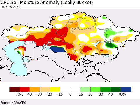 Kazakhstan CPC Soil Moisture Anomaly (Leaky Bucket) Thematic Map For 8/21/2021 - 8/25/2021