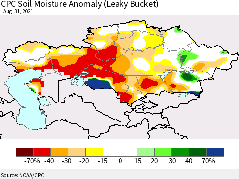 Kazakhstan CPC Soil Moisture Anomaly (Leaky Bucket) Thematic Map For 8/26/2021 - 8/31/2021