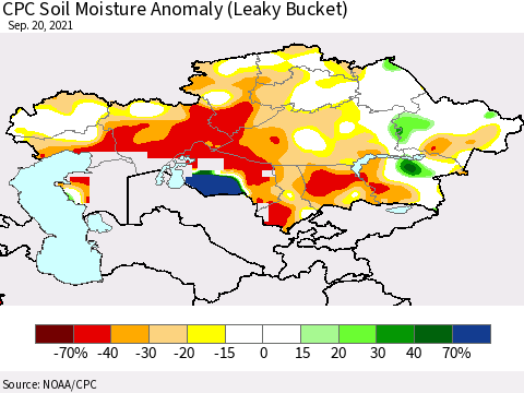 Kazakhstan CPC Soil Moisture Anomaly (Leaky Bucket) Thematic Map For 9/16/2021 - 9/20/2021