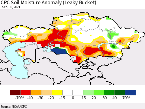 Kazakhstan CPC Soil Moisture Anomaly (Leaky Bucket) Thematic Map For 9/26/2021 - 9/30/2021