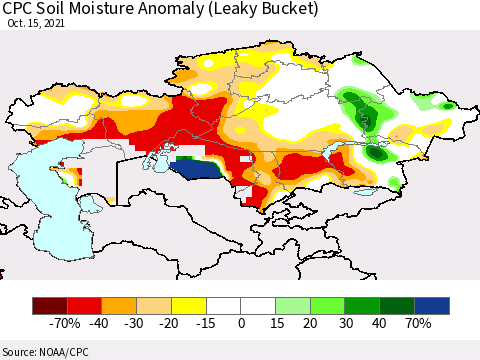 Kazakhstan CPC Soil Moisture Anomaly (Leaky Bucket) Thematic Map For 10/11/2021 - 10/15/2021