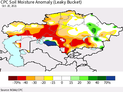 Kazakhstan CPC Soil Moisture Anomaly (Leaky Bucket) Thematic Map For 10/16/2021 - 10/20/2021