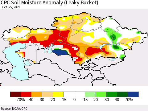 Kazakhstan CPC Soil Moisture Anomaly (Leaky Bucket) Thematic Map For 10/21/2021 - 10/25/2021