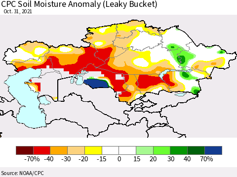 Kazakhstan CPC Soil Moisture Anomaly (Leaky Bucket) Thematic Map For 10/26/2021 - 10/31/2021