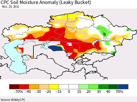 Kazakhstan CPC Soil Moisture Anomaly (Leaky Bucket) Thematic Map For 11/16/2021 - 11/20/2021