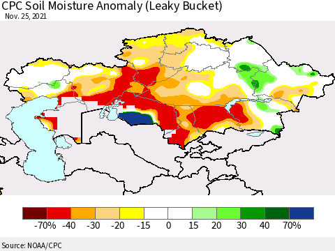 Kazakhstan CPC Soil Moisture Anomaly (Leaky Bucket) Thematic Map For 11/21/2021 - 11/25/2021