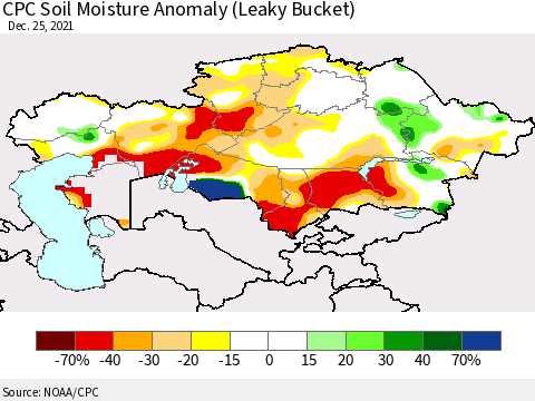 Kazakhstan CPC Soil Moisture Anomaly (Leaky Bucket) Thematic Map For 12/21/2021 - 12/25/2021