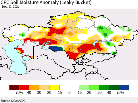 Kazakhstan CPC Soil Moisture Anomaly (Leaky Bucket) Thematic Map For 12/26/2021 - 12/31/2021