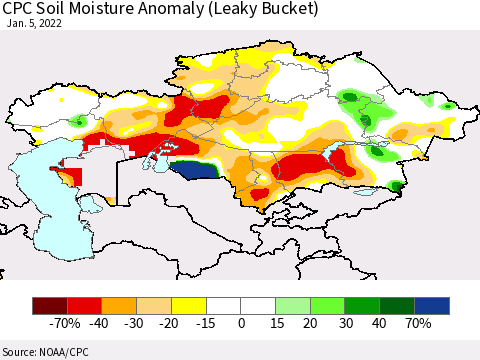 Kazakhstan CPC Soil Moisture Anomaly (Leaky Bucket) Thematic Map For 1/1/2022 - 1/5/2022